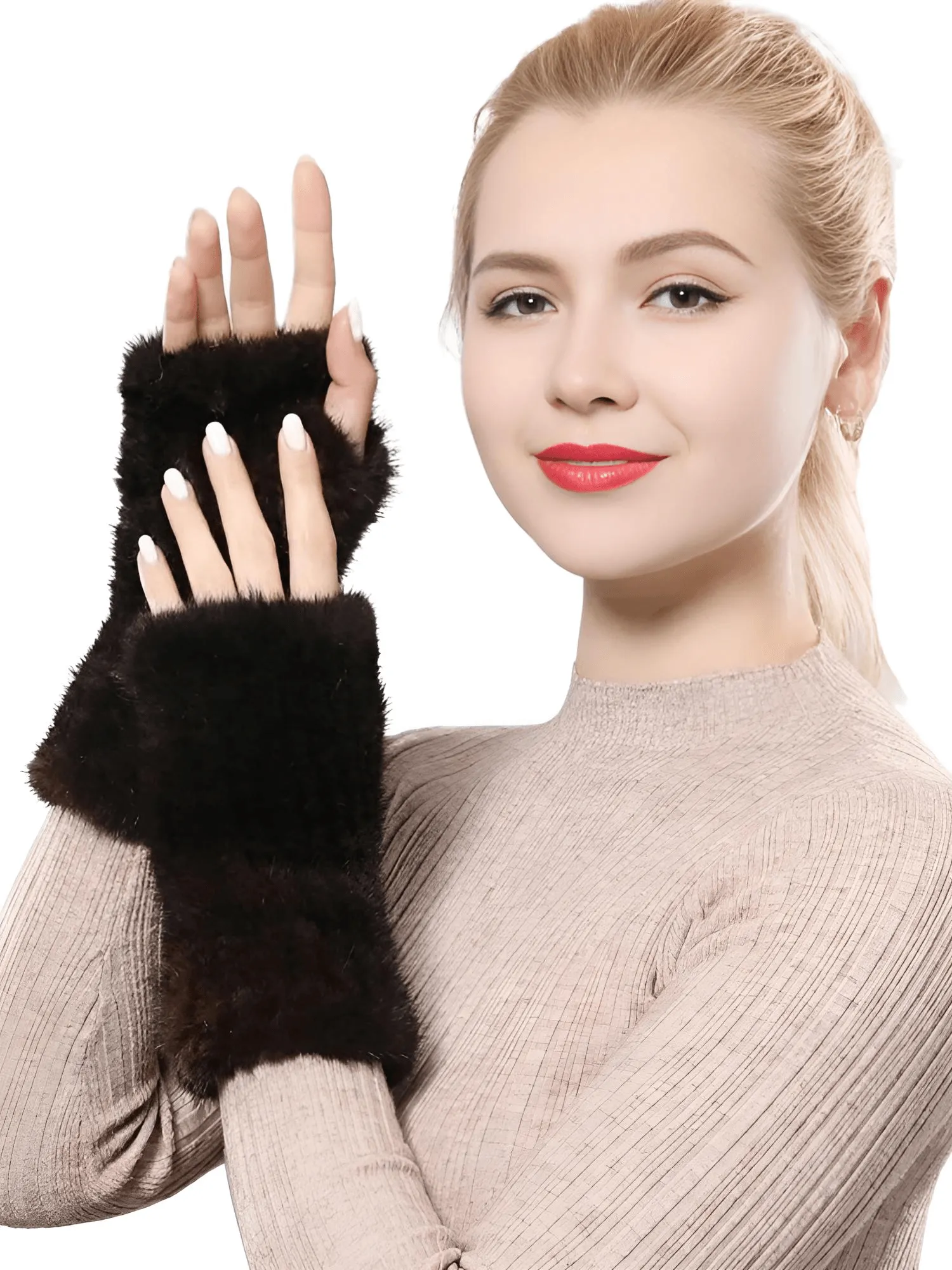 100% Real Genuine Mink Fur Fingerless Mittens For Women