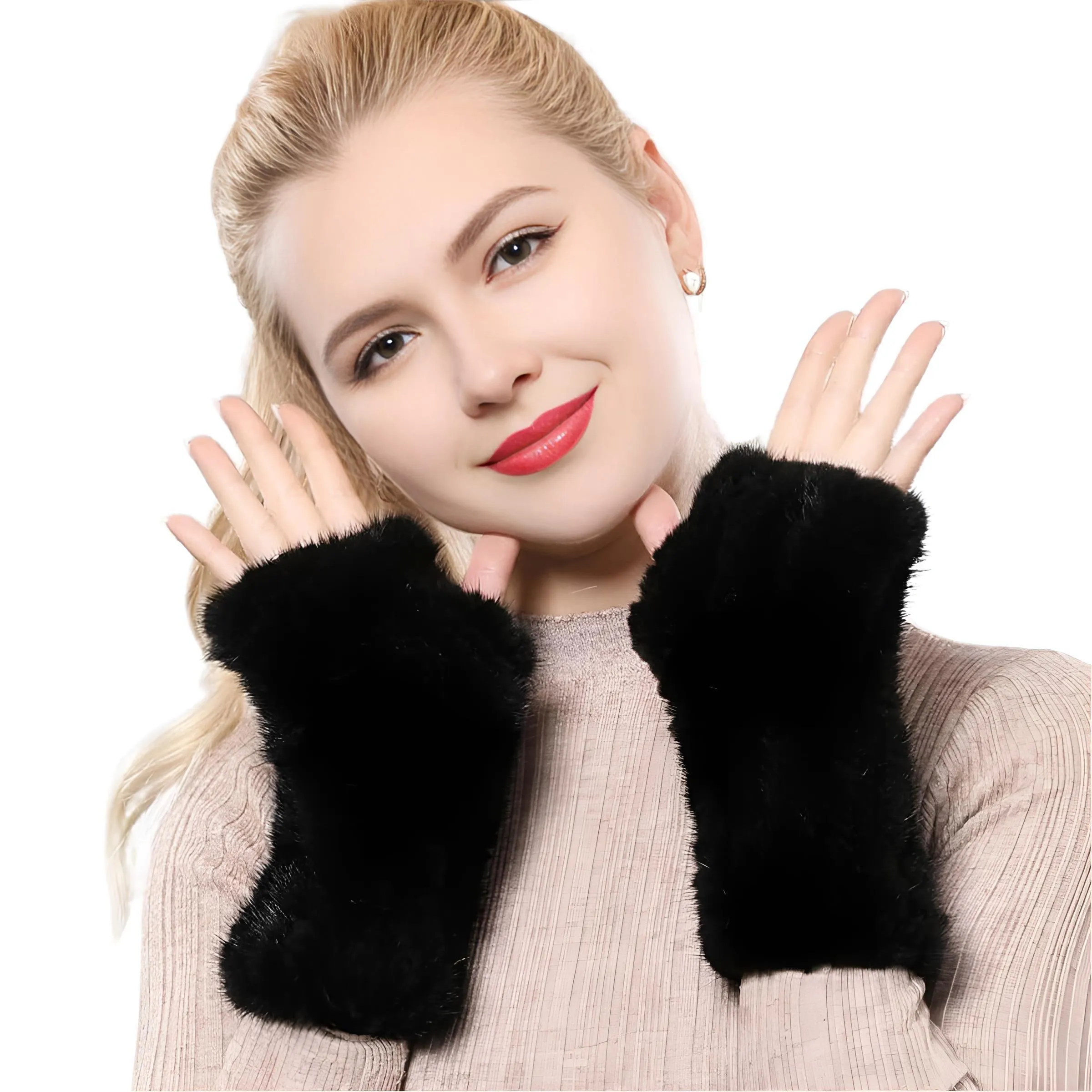 100% Real Genuine Mink Fur Fingerless Mittens For Women