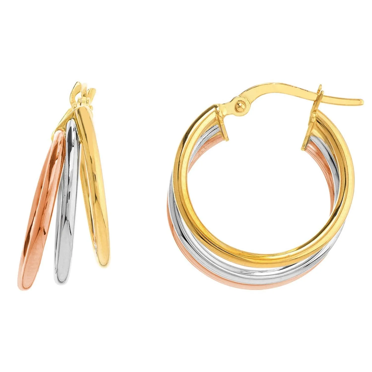 14k Tri-Color Gold Triple Hoop Ring Earrings with Latch Back