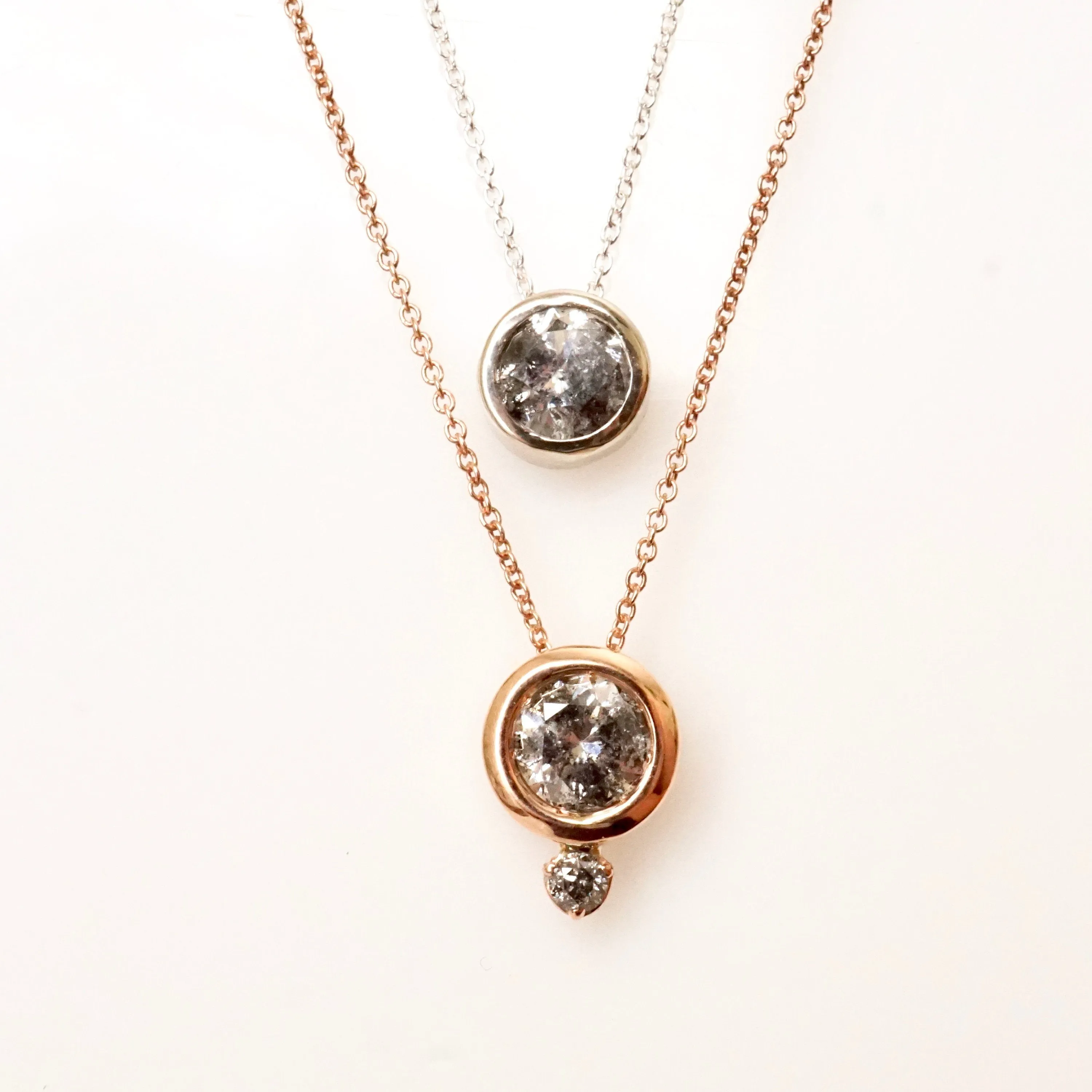 1ct Salt and Pepper Diamond Necklace - Rose Gold Bezel Set Gray Diamond Pendant