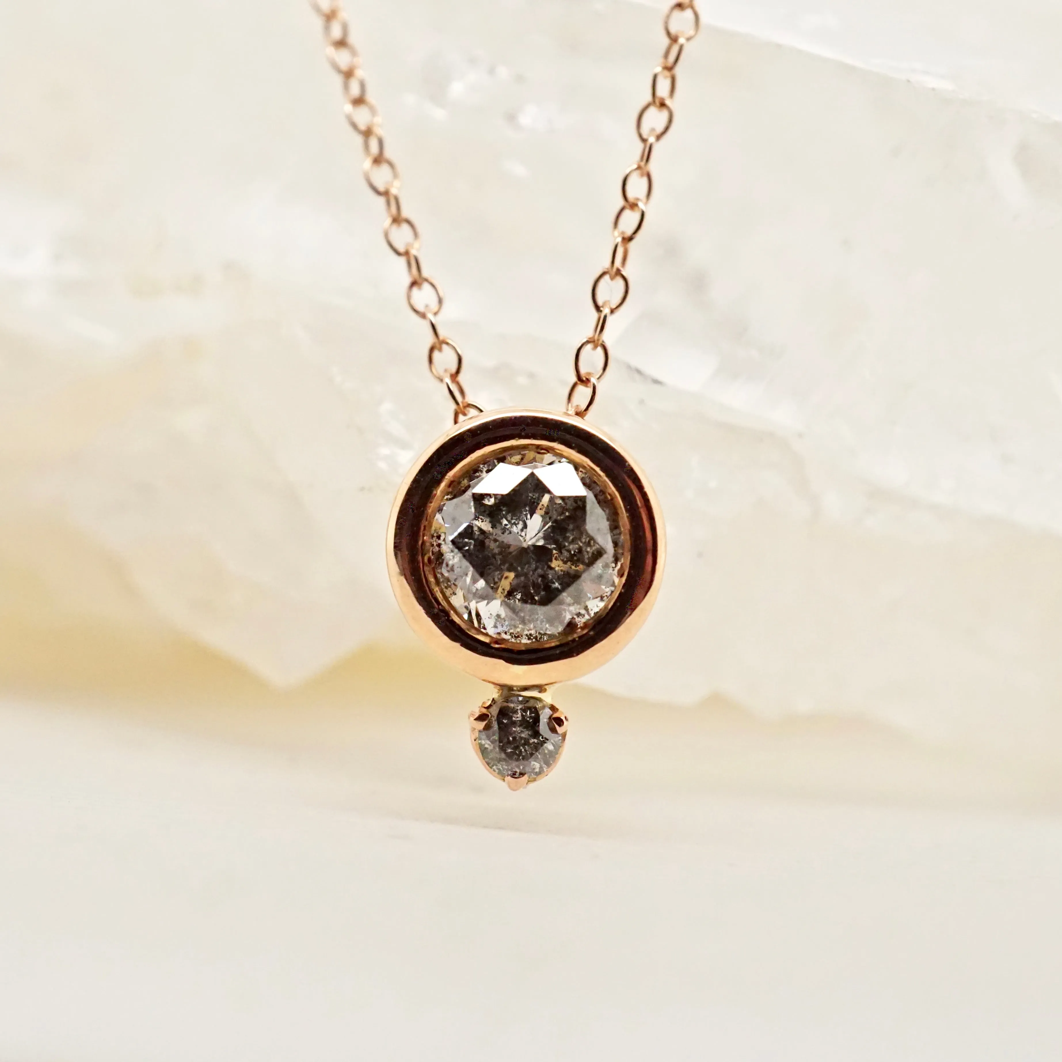 1ct Salt and Pepper Diamond Necklace - Rose Gold Bezel Set Gray Diamond Pendant