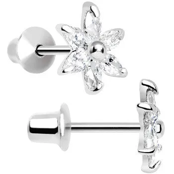 .925 Sterling Silver Clear CZ Dainty Flower Youth Screwback Earrings