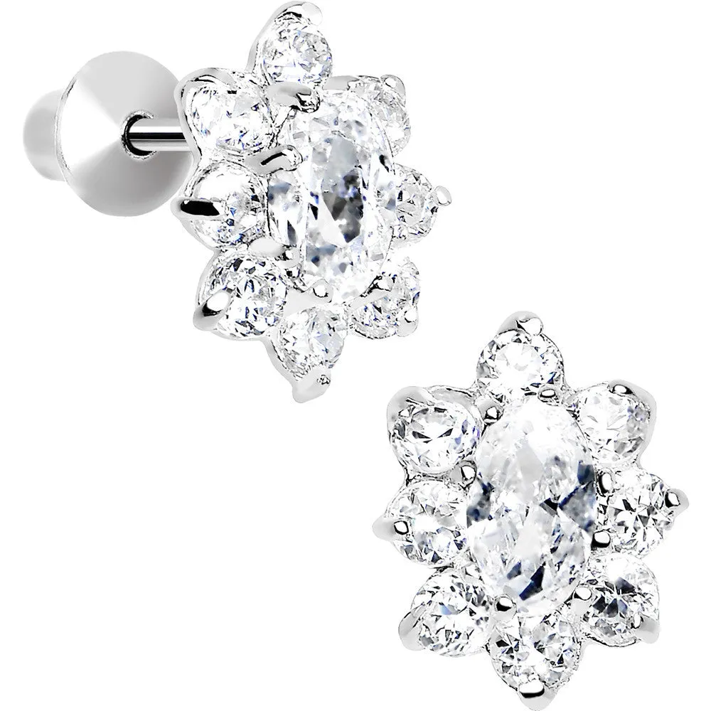 .925 Sterling Silver Clear CZ Fancy Flower Youth Screwback Earrings