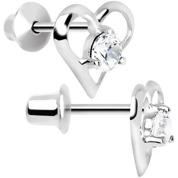 .925 Sterling Silver Clear CZ Hollow Heart Youth Screwback Earrings