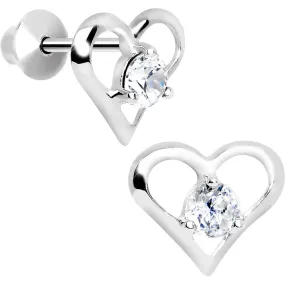 .925 Sterling Silver Clear CZ Hollow Heart Youth Screwback Earrings