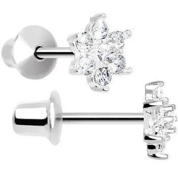 .925 Sterling Silver Clear CZ Petite Flower Youth Screwback Earrings