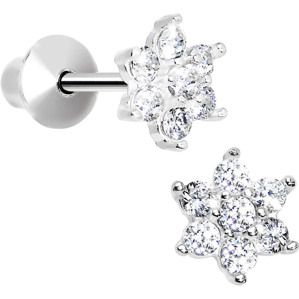 .925 Sterling Silver Clear CZ Petite Flower Youth Screwback Earrings