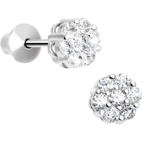 .925 Sterling Silver Clear CZ Small Flower Youth Screwback Earrings