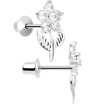 .925 Sterling Silver Clear CZ Whole Flower Youth Screwback Earrings