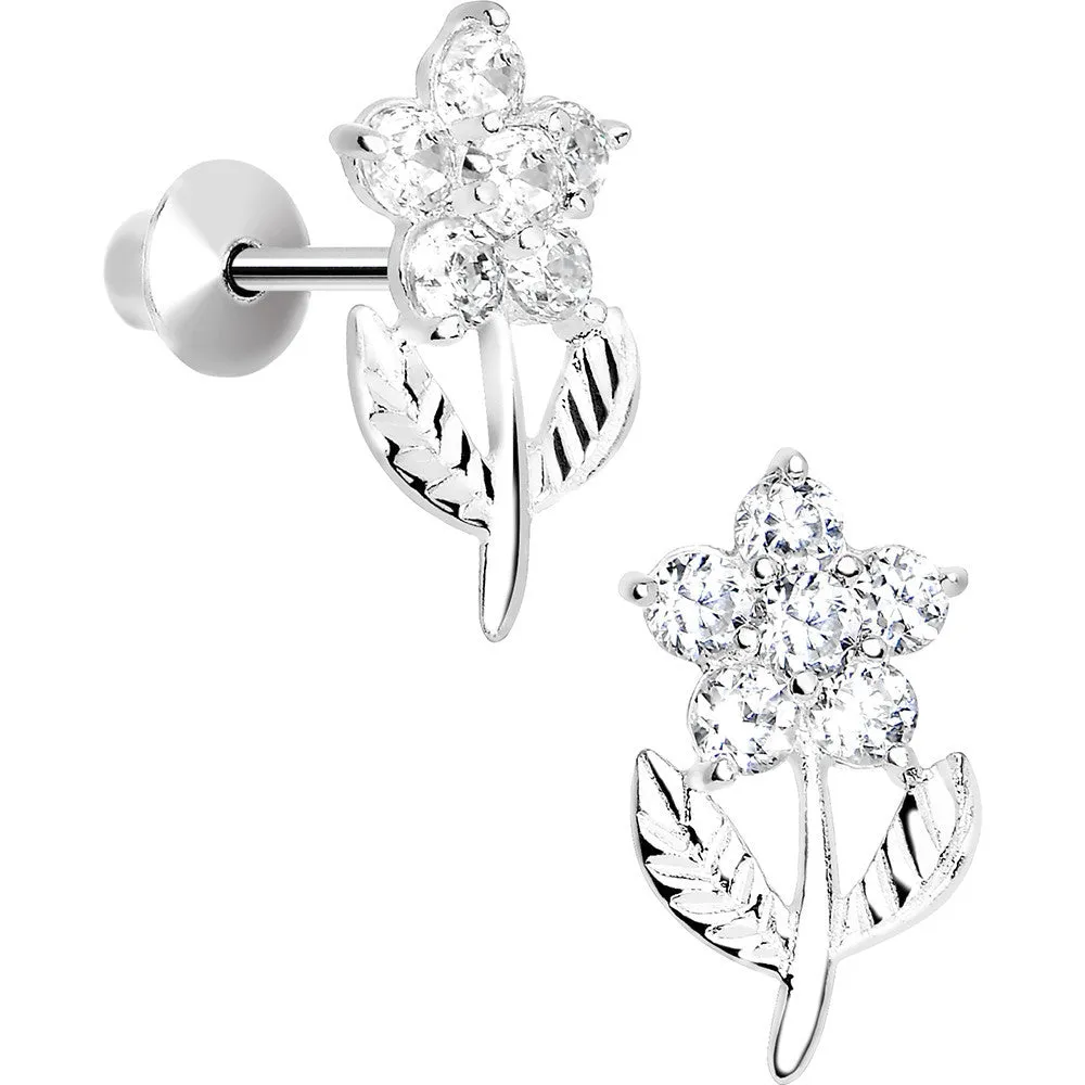 .925 Sterling Silver Clear CZ Whole Flower Youth Screwback Earrings