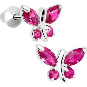 .925 Sterling Silver Pink CZ Butterfly Youth Screwback Earrings