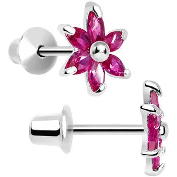 .925 Sterling Silver Pink CZ Dainty Flower Youth Screwback Earrings