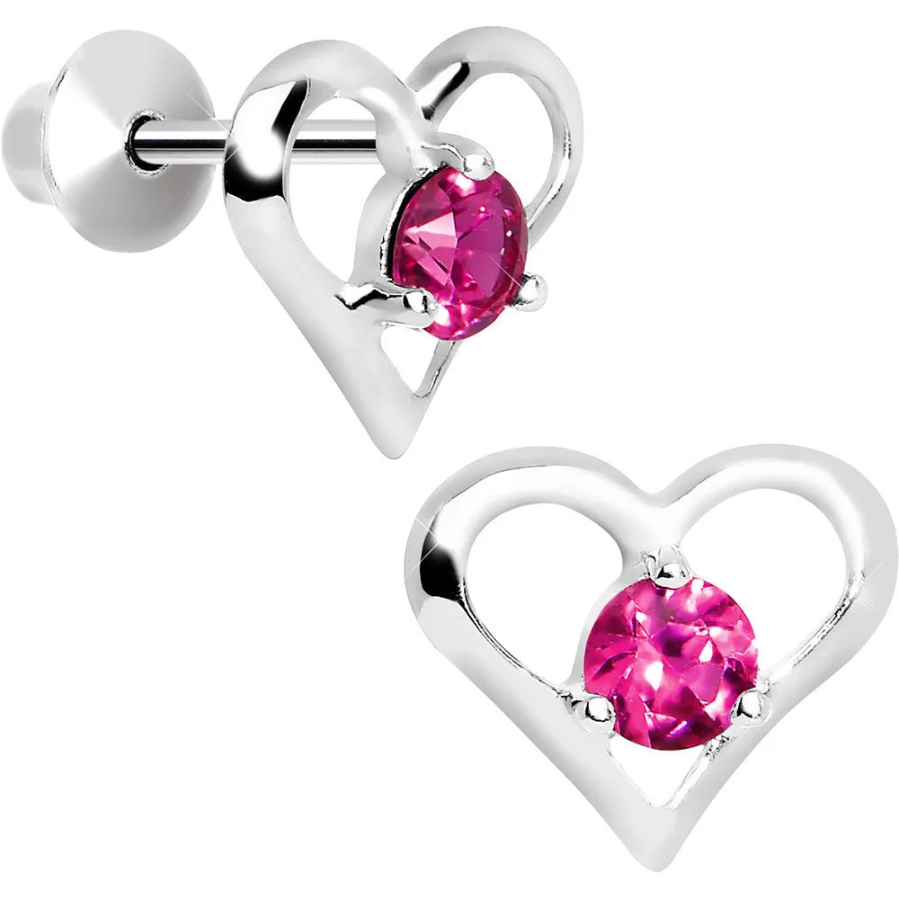 .925 Sterling Silver Pink CZ Hollow Heart Youth Screwback Earrings