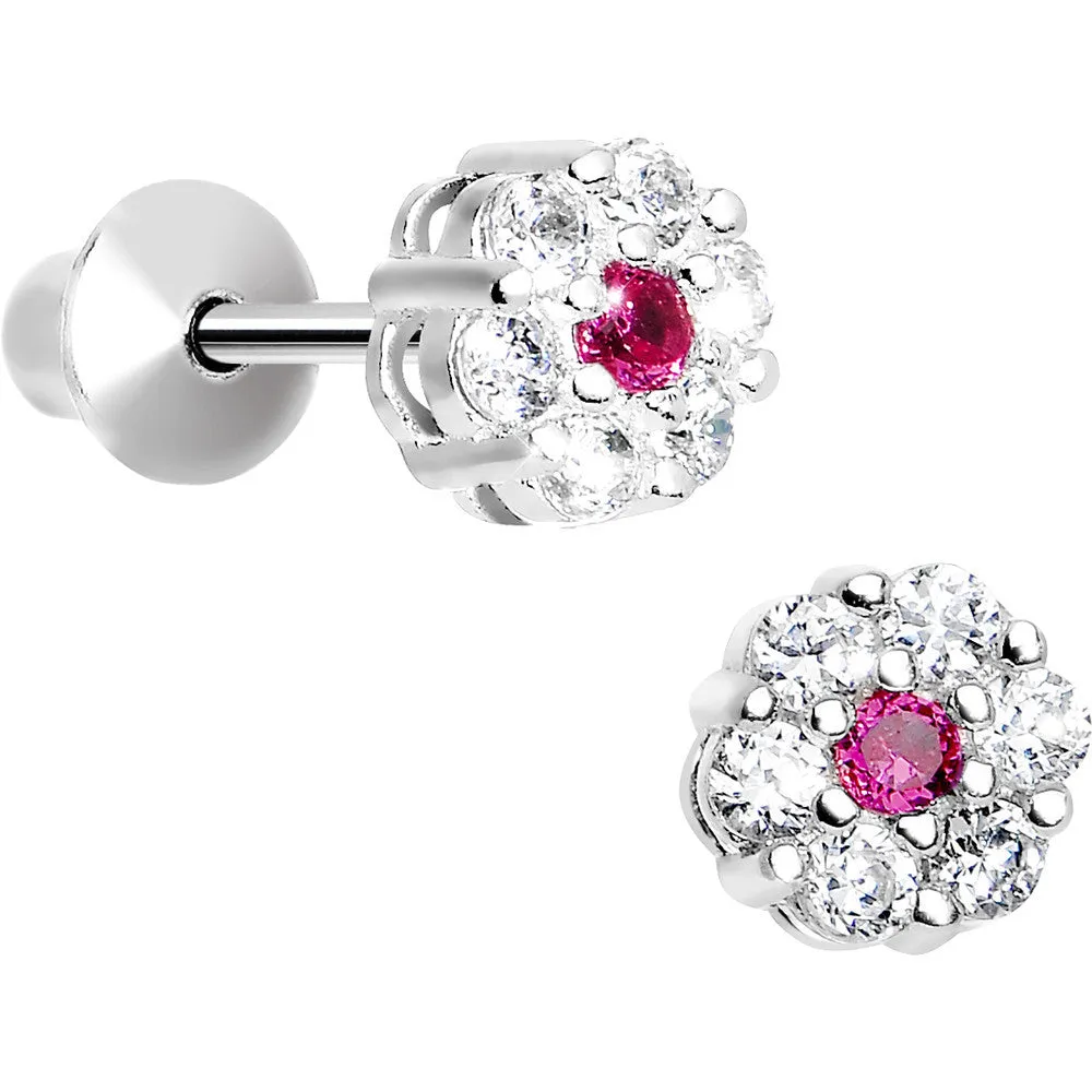 .925 Sterling Silver Pink CZ Small Flower Youth Screwback Earrings