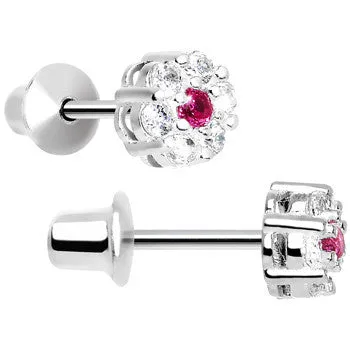 .925 Sterling Silver Pink CZ Small Flower Youth Screwback Earrings