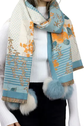 Abstract Floral Print Wrap with Fox Poms - Blue & Beige