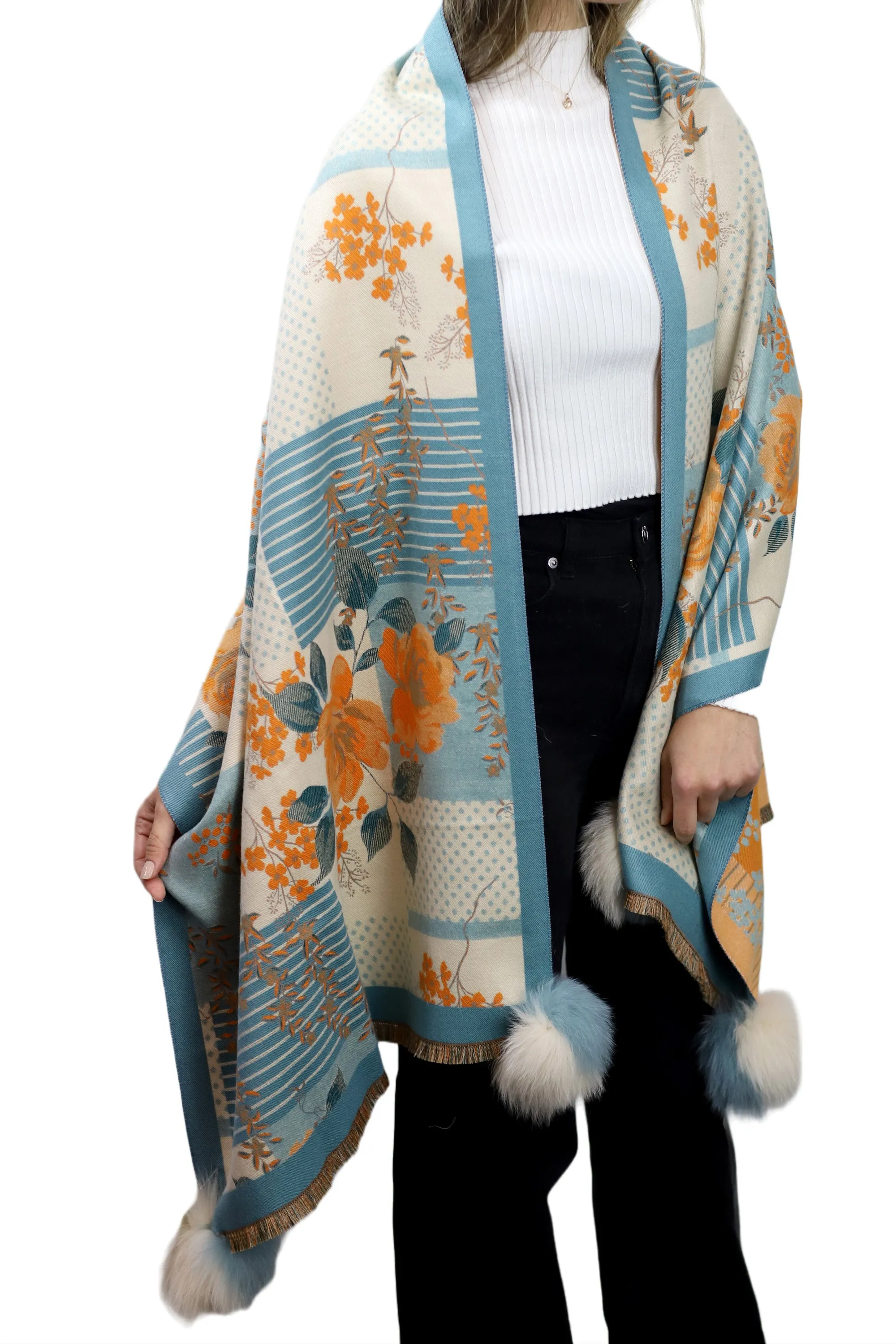 Abstract Floral Print Wrap with Fox Poms - Blue & Beige