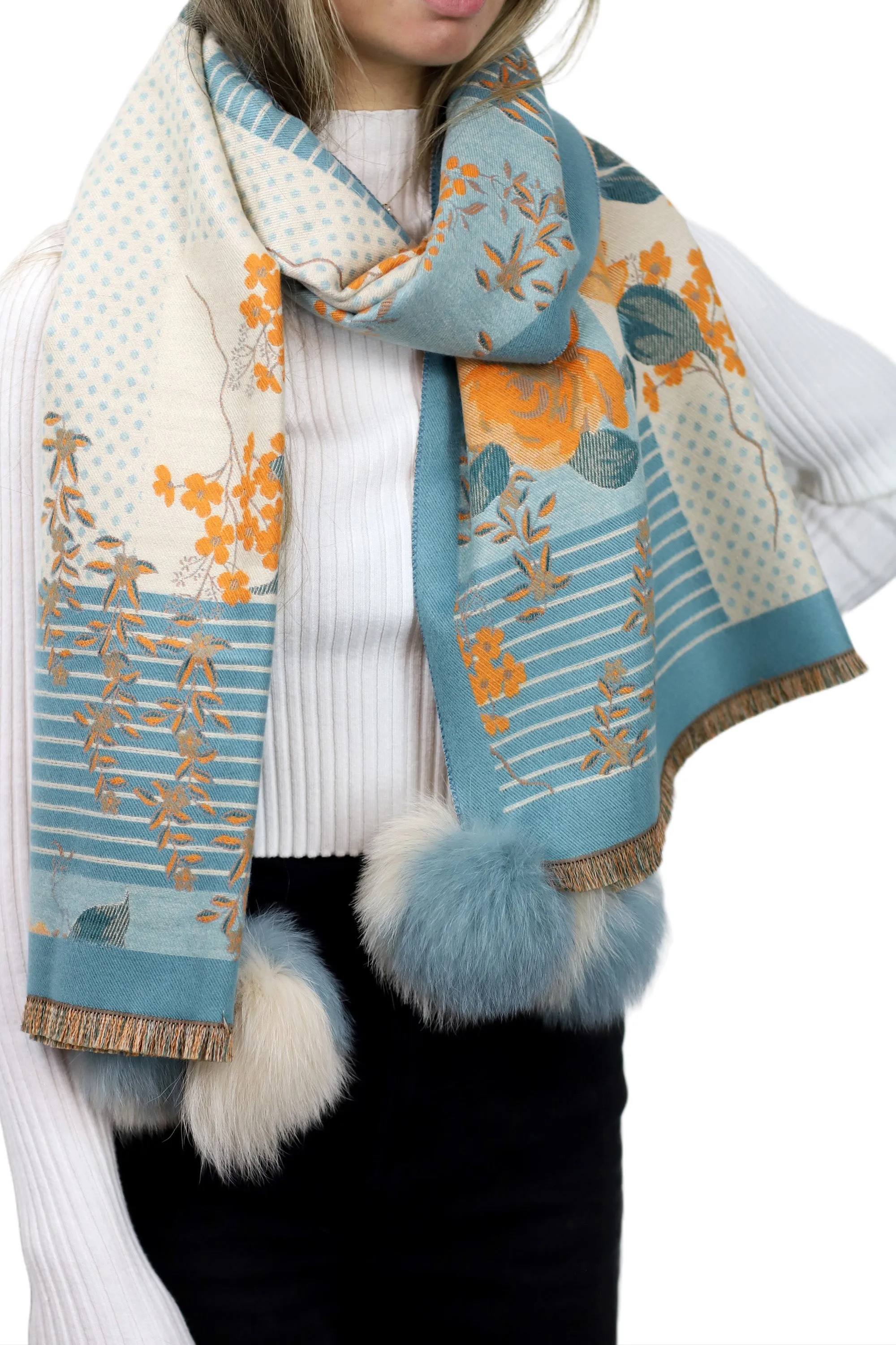 Abstract Floral Print Wrap with Fox Poms - Blue & Beige