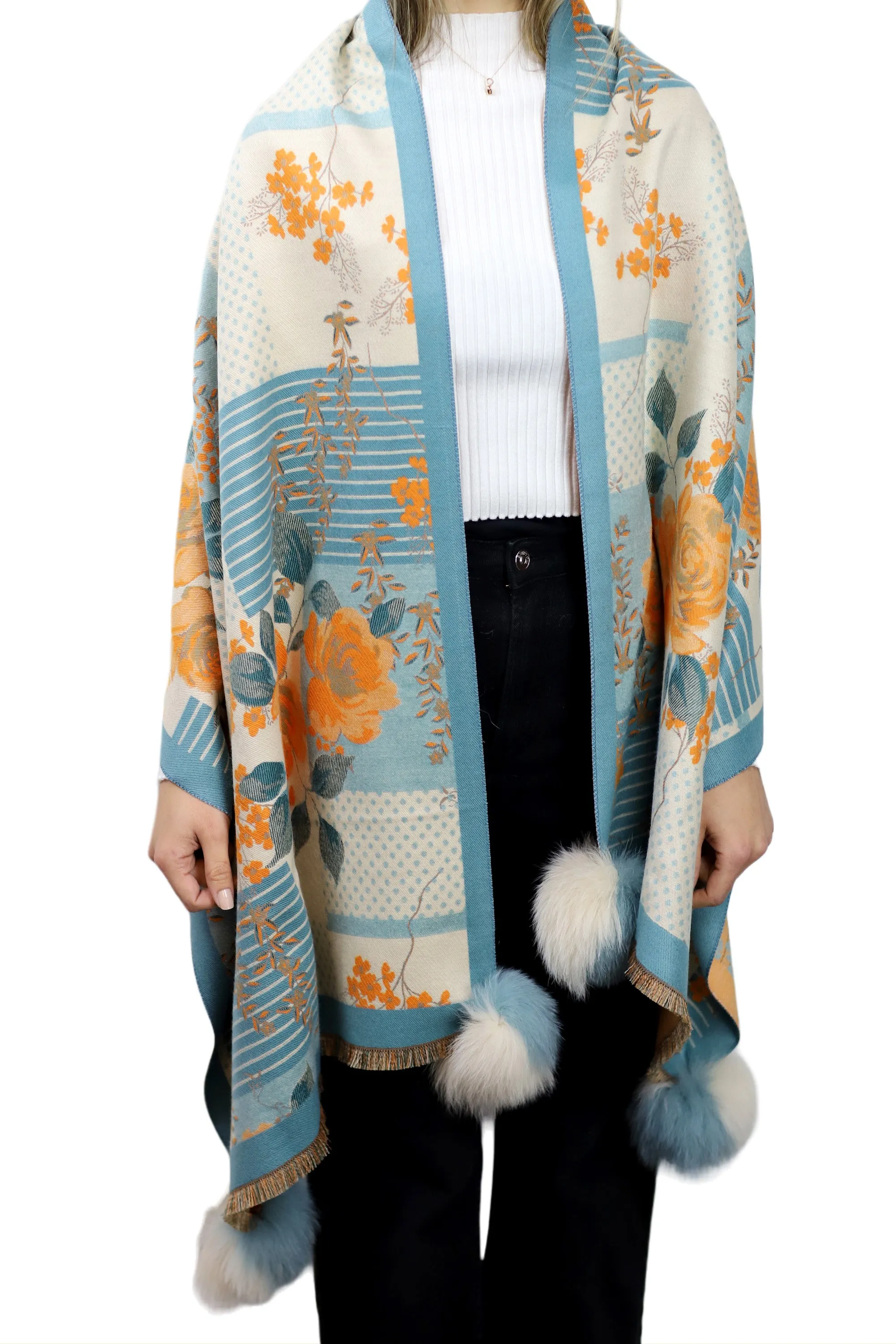 Abstract Floral Print Wrap with Fox Poms - Blue & Beige