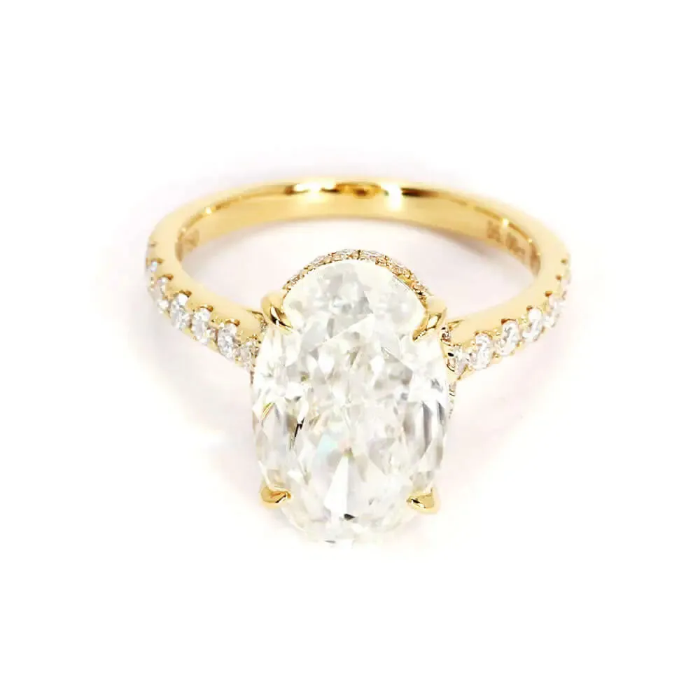 Alexa Oval Crushed Ice Moissanite with Pave Band Ring in 18K Gold