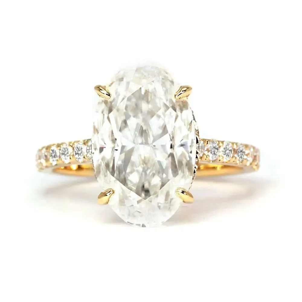 Alexa Oval Crushed Ice Moissanite with Pave Band Ring in 18K Gold