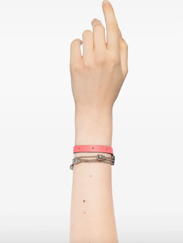 Alexander McQueen coral pink leather & silver tone wrap bracelet