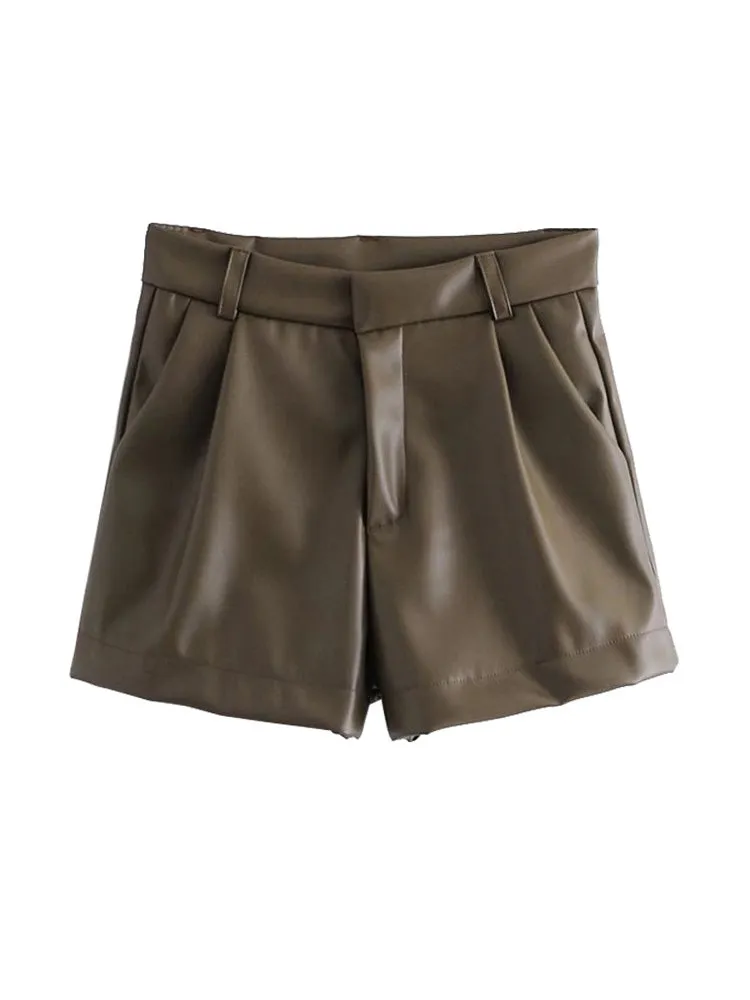 Amy Fashion - Chic Fashion Side Pockets Faux Leather Shorts