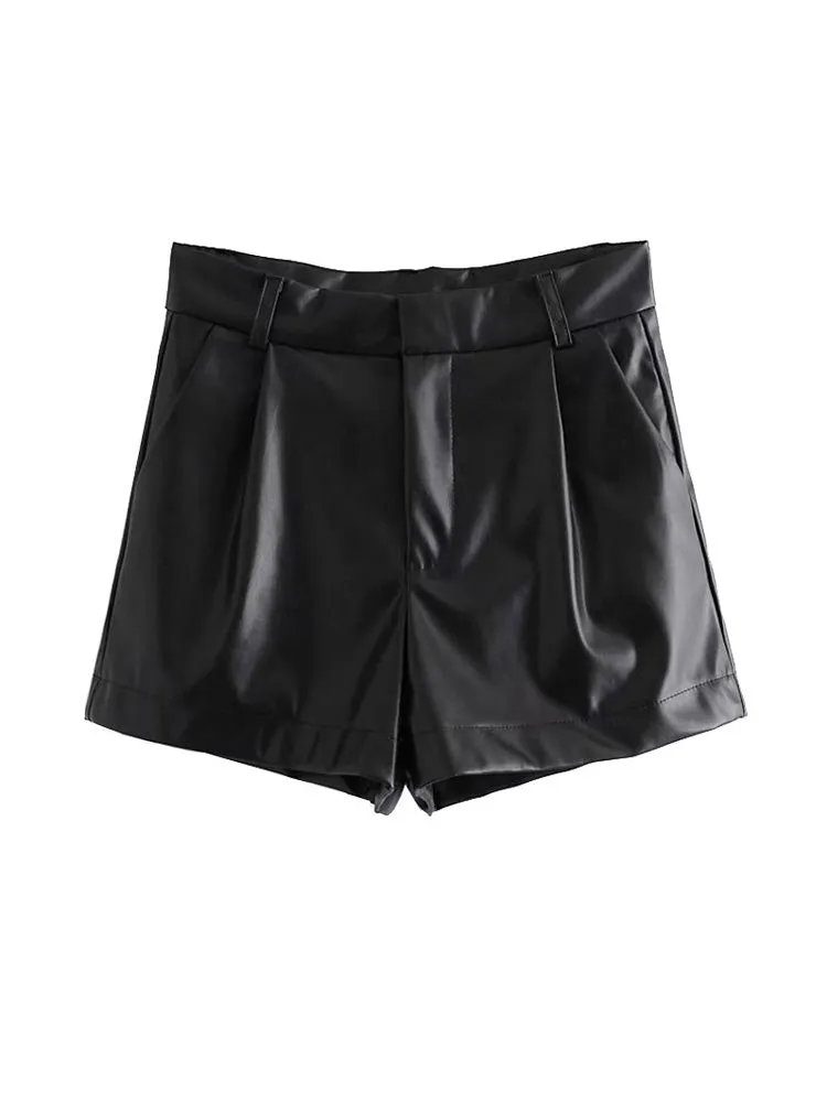 Amy Fashion - Chic Fashion Side Pockets Faux Leather Shorts