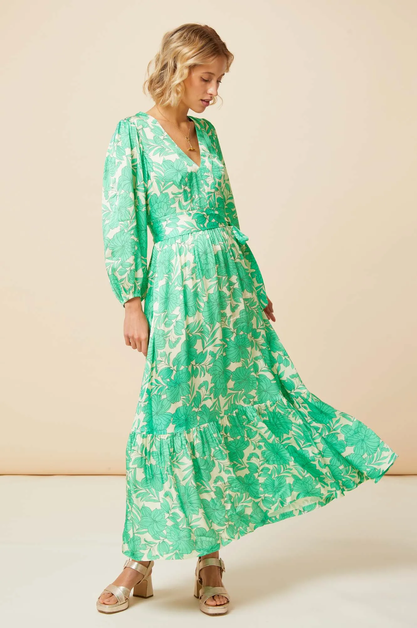 Annie Maxi Dress | Lined Floral Cream/Green