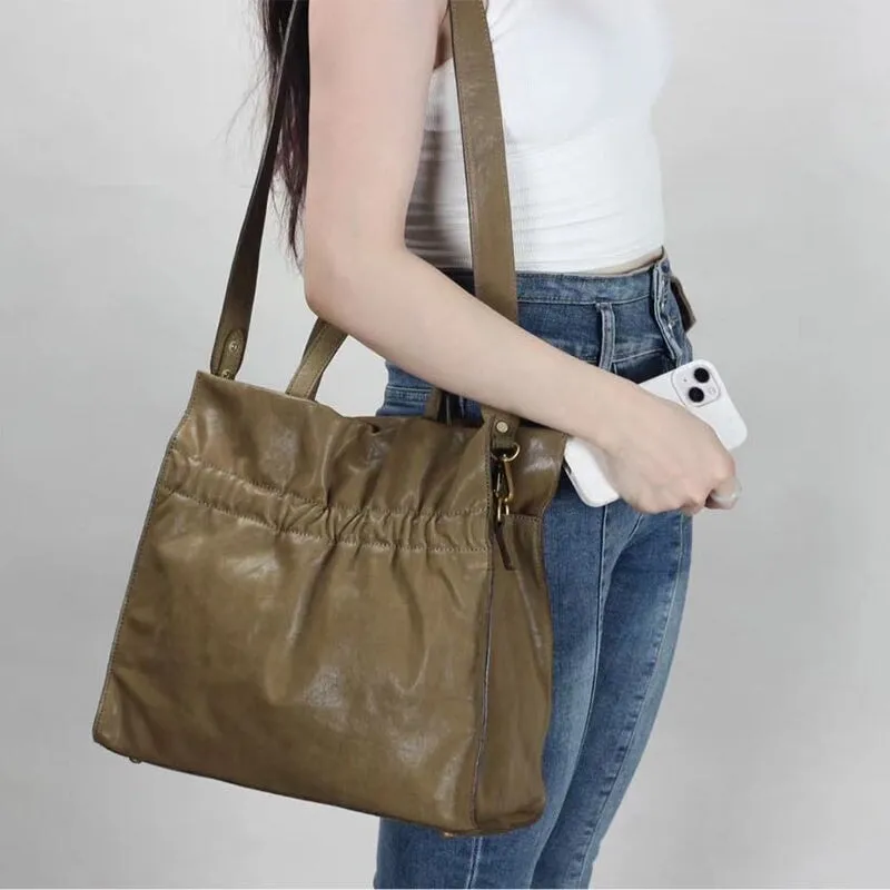 Autumn And Winter New Vegetable Tanned Cowhide Large Capacity Handheld Shoulder Crossbody Women'S Bags