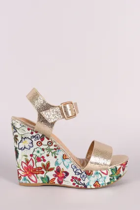 Bamboo Cracked Metallic Open Toe Floral Platform Wedge