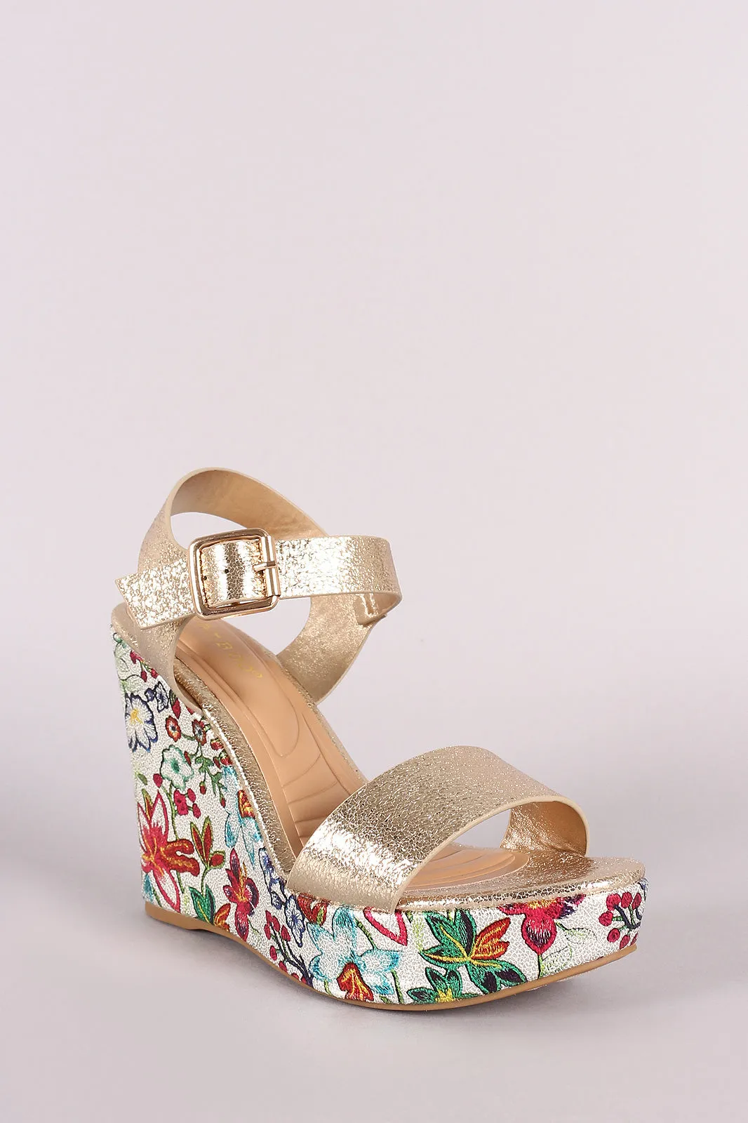 Bamboo Cracked Metallic Open Toe Floral Platform Wedge