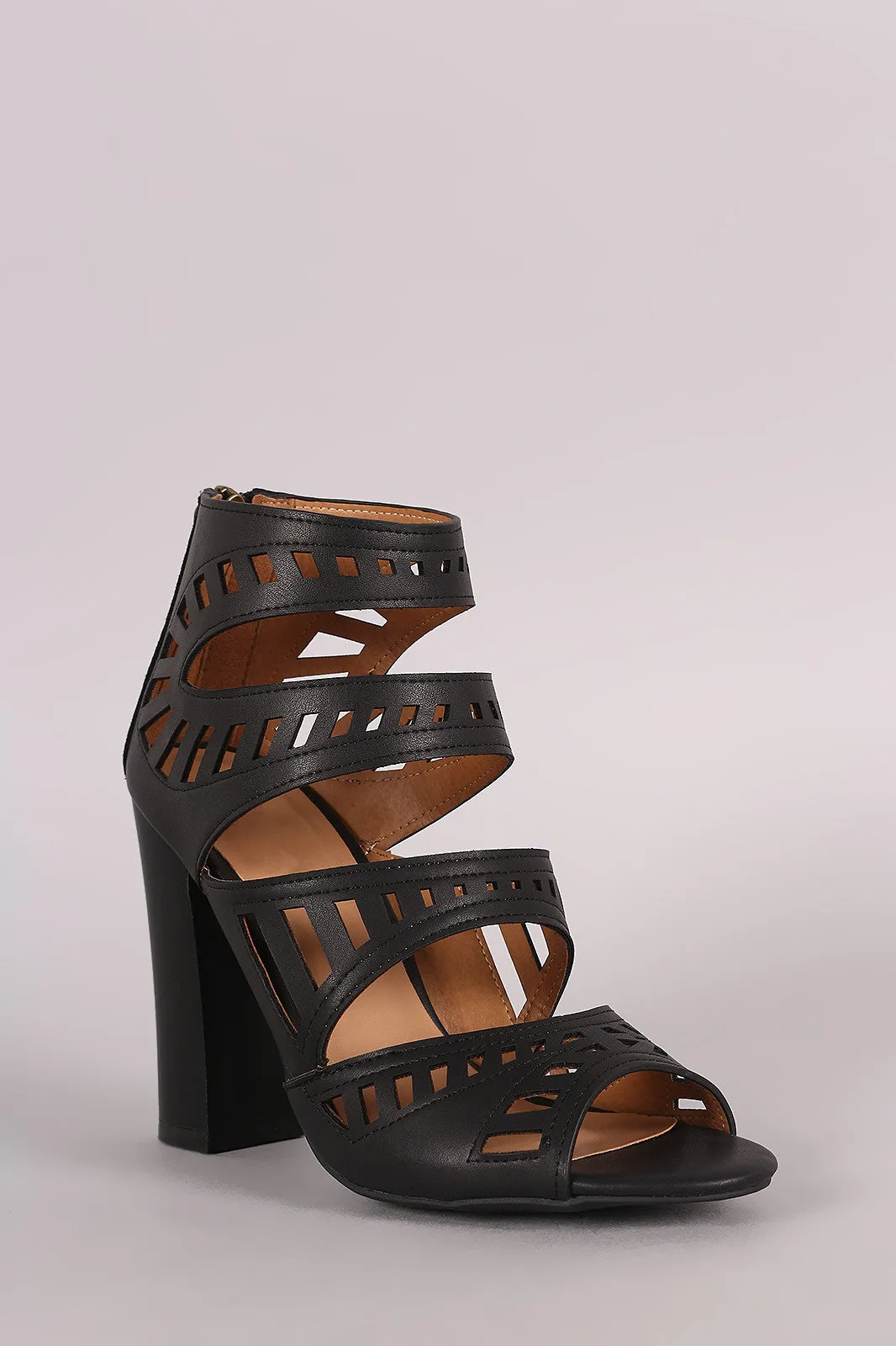 Bamboo Four Strap Cutout Chunky Heel