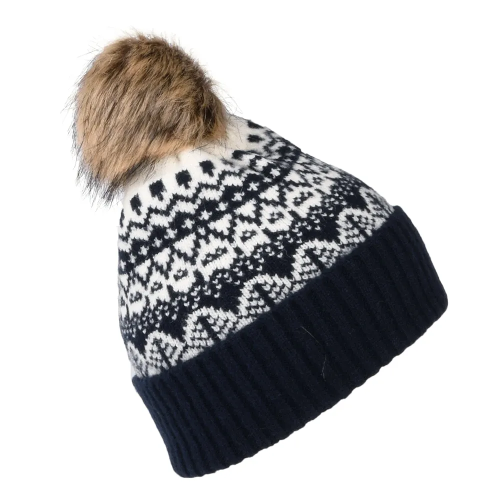 Barbour Hats Alpine Fair Isle Faux Fur Pom Bobble Hat - Navy Blue