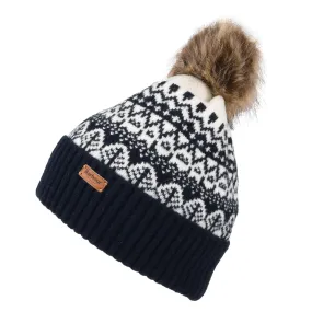 Barbour Hats Alpine Fair Isle Faux Fur Pom Bobble Hat - Navy Blue