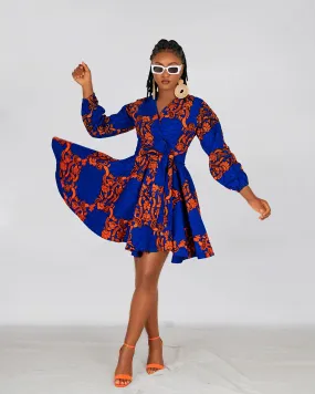 Bekky Ankara Mini Dress | Blue and Orange African Print