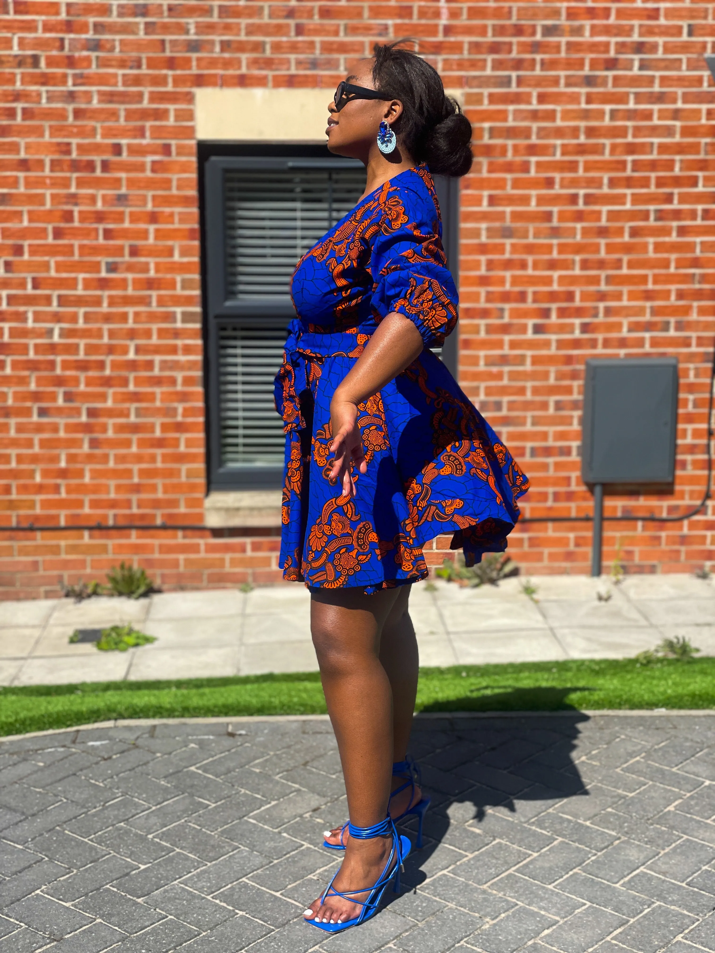 Bekky Ankara Mini Dress | Blue and Orange African Print