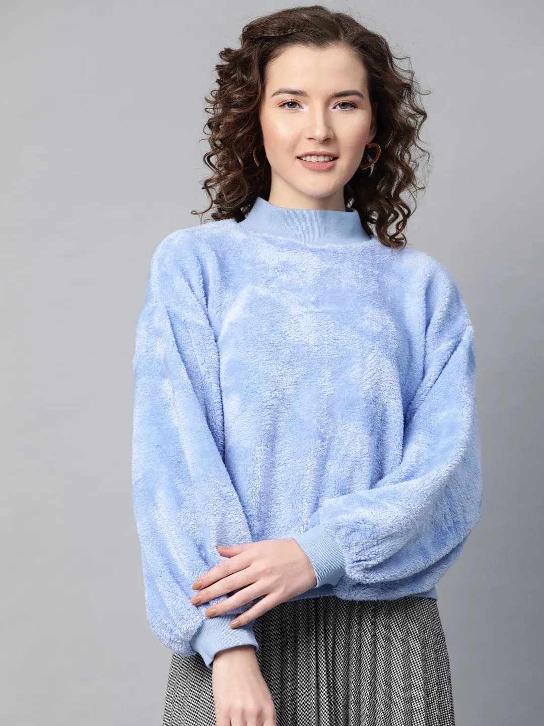 Blue Balloon Sleeve Faux Fur Sweatshirt