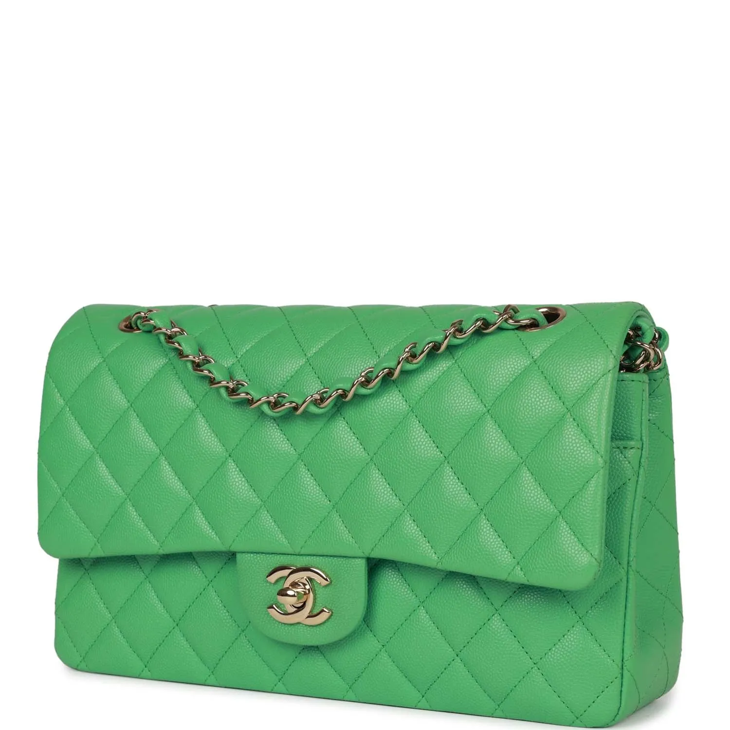 Chanel Medium Classic Double Flap Bag Green Caviar Light Gold Hardware