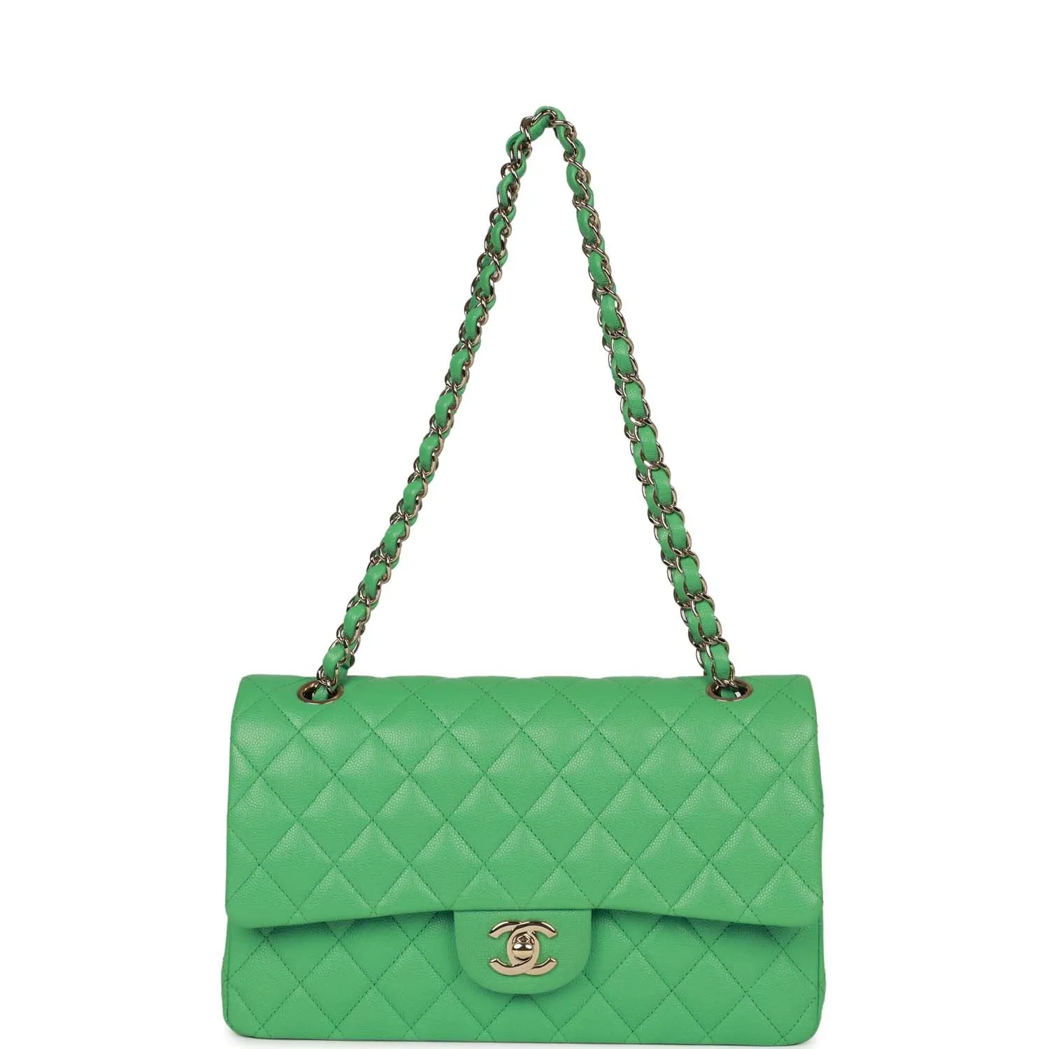 Chanel Medium Classic Double Flap Bag Green Caviar Light Gold Hardware