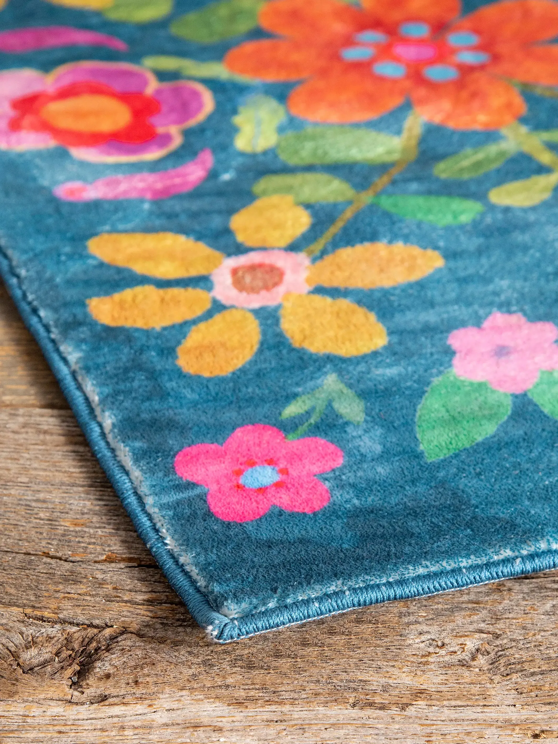 Chenille Rug, 2' x 3' - Teal Folk Floral