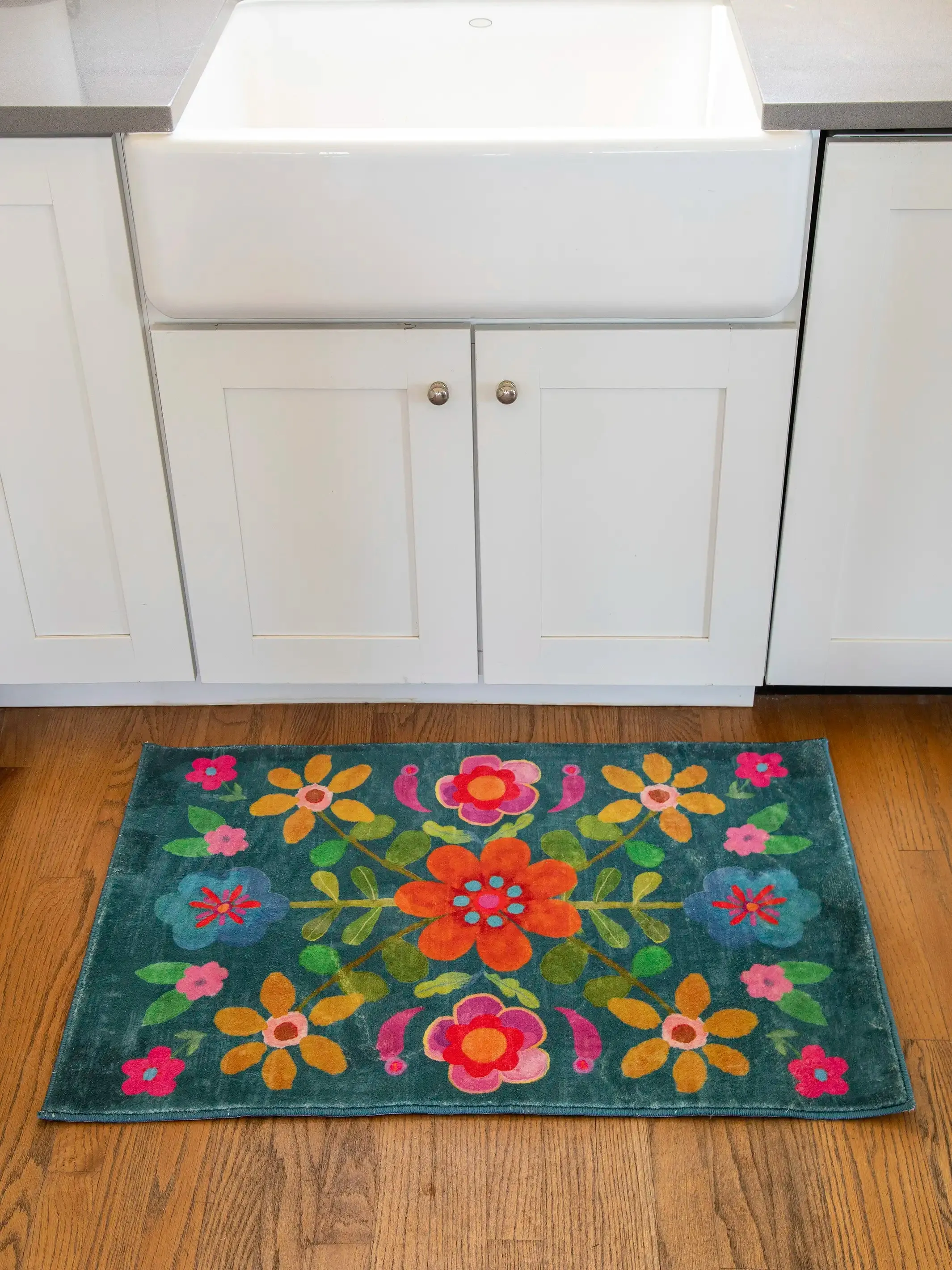 Chenille Rug, 2' x 3' - Teal Folk Floral