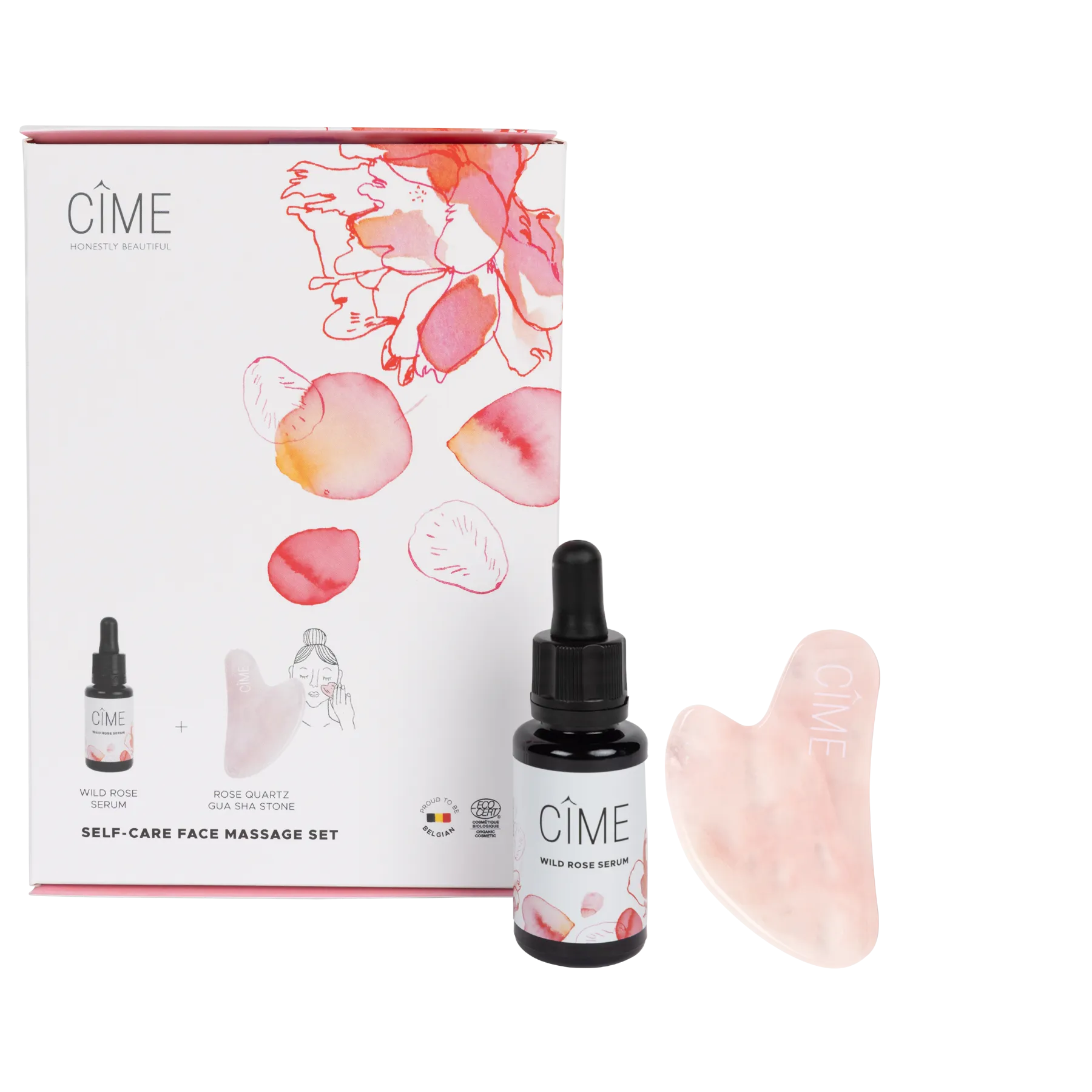 CIME Self care massage set: Wild Rose Serum and Rose Quartz Gua Sha