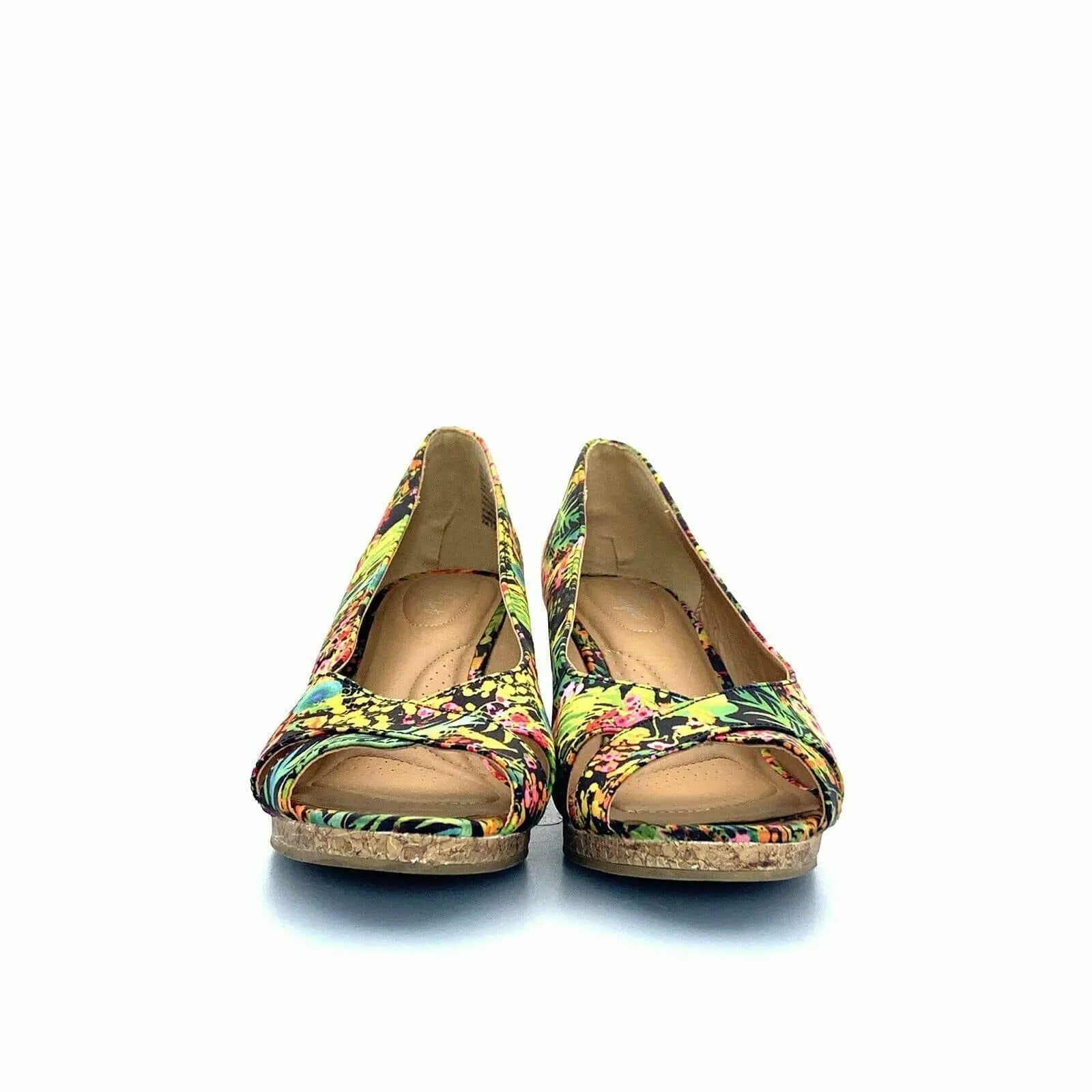 Dexflex Comfort Womens Wedge Heels | Size 12 | Floral Print | Open Toe | Cork Heel