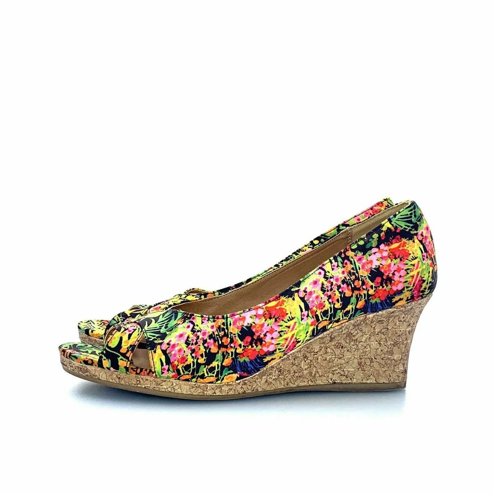 Dexflex Comfort Womens Wedge Heels | Size 12 | Floral Print | Open Toe | Cork Heel