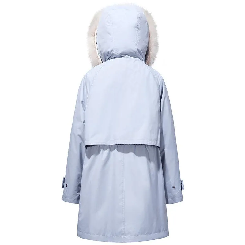 Dusty Blue Removable Fox Fur Parka Coat