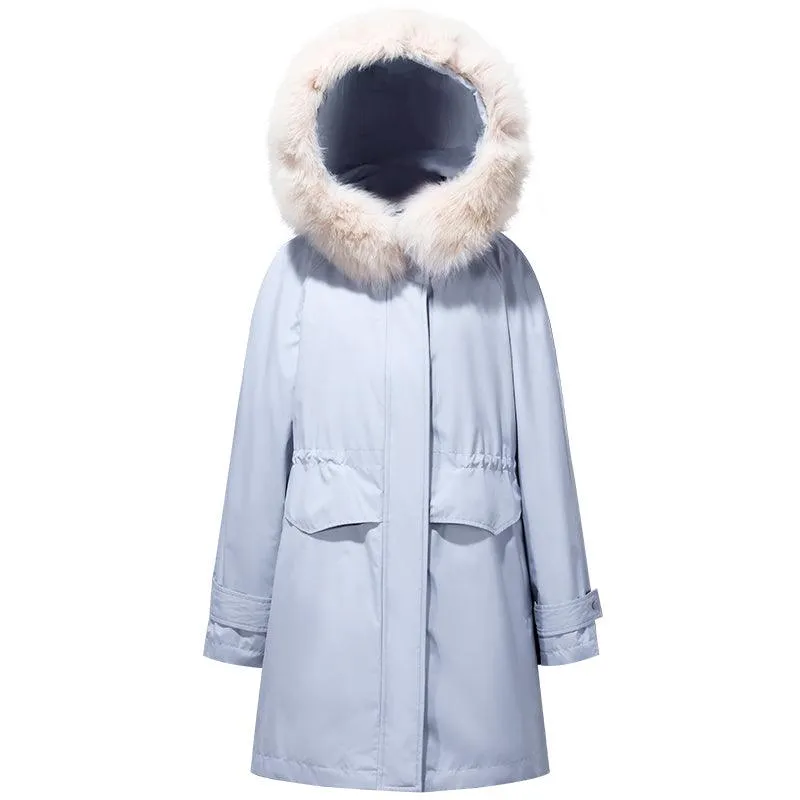 Dusty Blue Removable Fox Fur Parka Coat