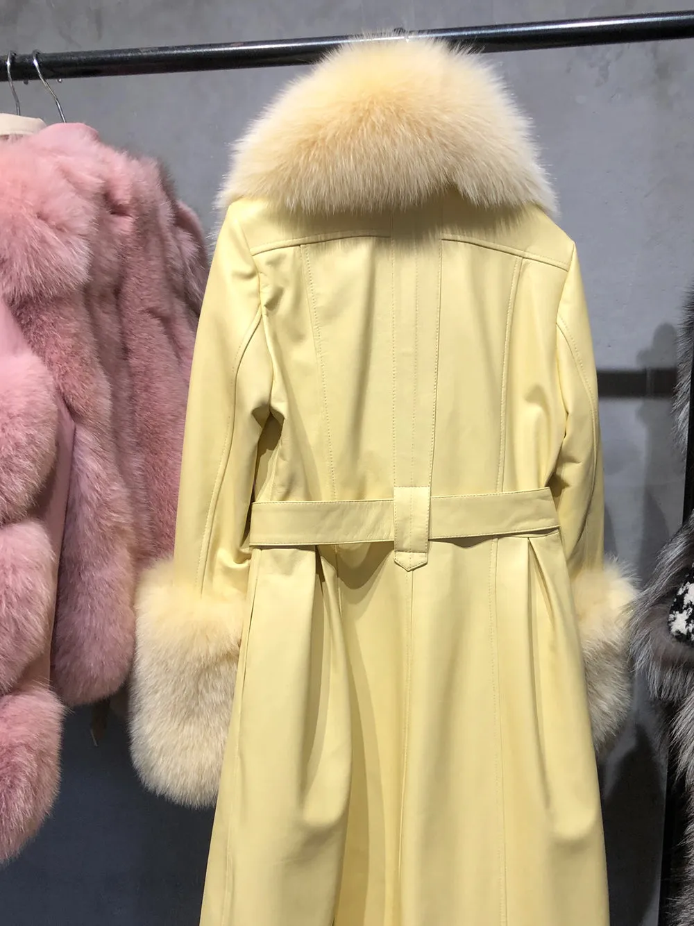 Faux Fur Genuine Leather Coat in Yellow