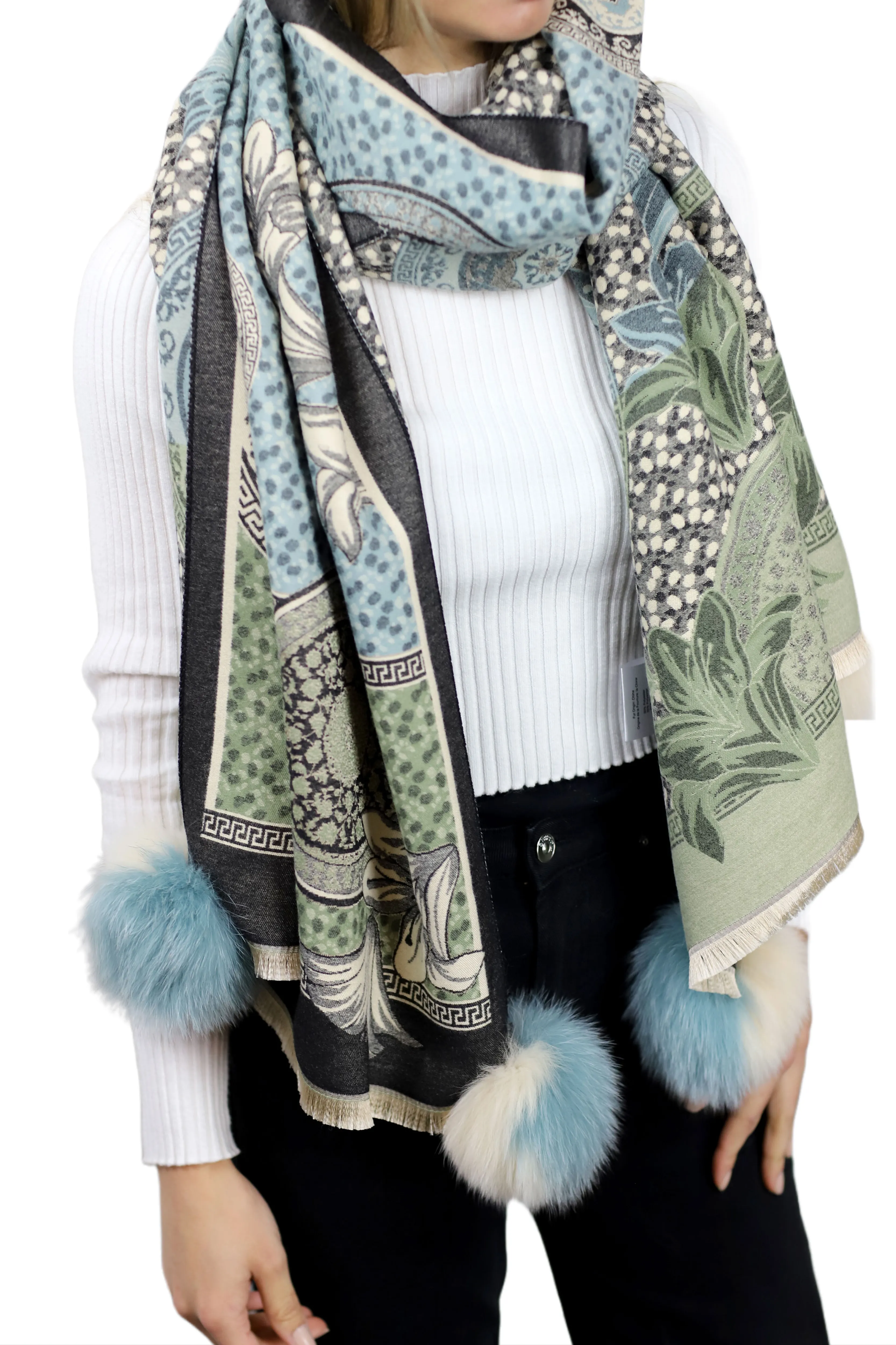 Floral & Abstract Print Wrap with Fox Poms - Blue/Beige