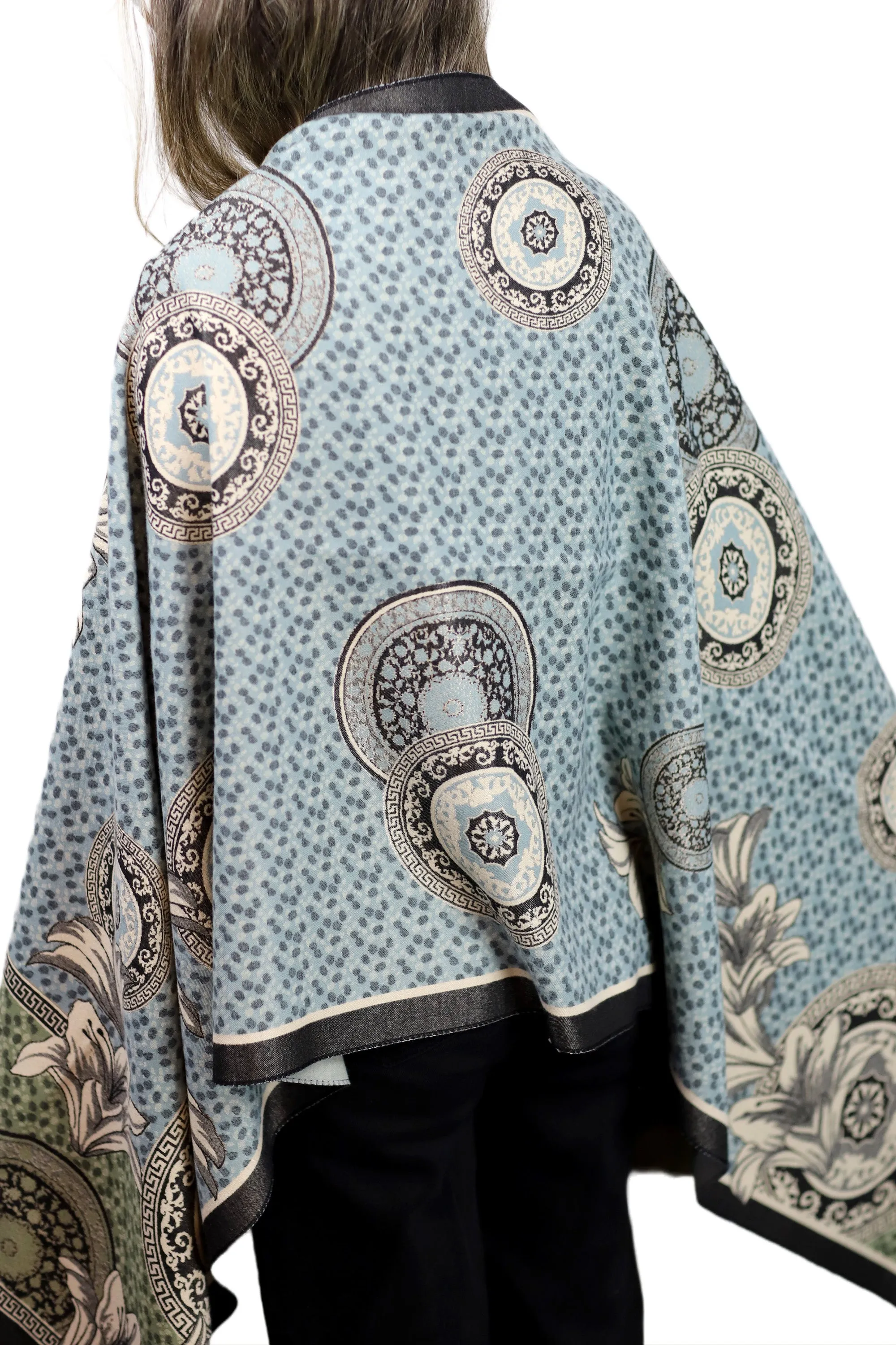 Floral & Abstract Print Wrap with Fox Poms - Blue/Beige